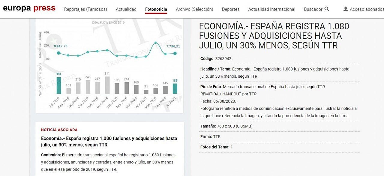 Espaa registra 1.080 fusiones y adquisiciones hasta julio, un 30% menos, segn TTR